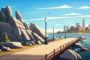 Wall Mural - pier with a lighthouse and cityscape in the background. Generative AI