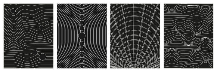 Fototapete - Set of geometry wireframe grid backgrounds in white color on black background. 3D abstract posters, patterns, cyberpunk elements in trendy psychedelic rave style. 00s Y2k retro futuristic aesthetic.
