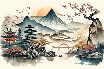Mountain landscape in Chinese style. Print for your decor and design. Generative AI