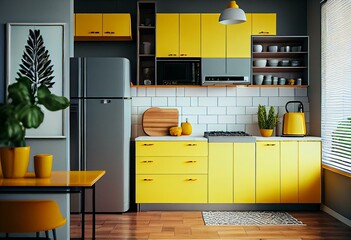 Poster - A kitchen with clean lines, with pops of bright yellow, neutral colors. Generative AI