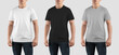 © olegphotor - White, black, heather t-shirt mockup on sporty guy, empty clothes, isolated on background.