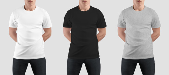 Sticker - White, black, heather t-shirt mockup on guy with hands behind, stylish clothes for design, branding, front view.