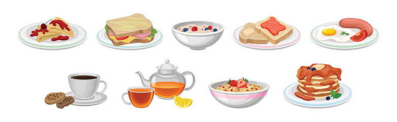 Poster - Breakfast with Coffee, Tea, Pancakes and Sandwich Vector Set