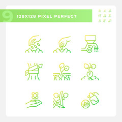 Sticker - Agriculture gradient linear vector icons set. Soil cultivation. Growing crops. Rural development. Planting season. Thin line contour symbol designs bundle. Isolated outline illustrations collection