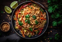 Spicy Vegetarian Pad Thai Vegetarian, Top View. Generative AI