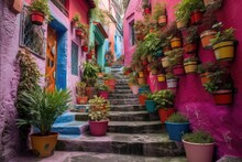 The Colourful Steps Of Magenta Street Filled With Pots With Plants. Generative AI