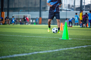 Wall Mural - Soccer ball tactics cone on grass field with for training