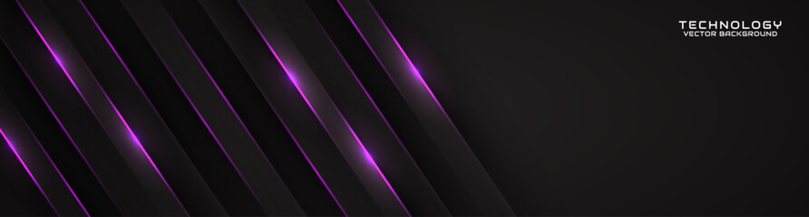 Poster - 3D black techno abstract background overlap layer on dark space with purple light line effect decoration. Modern graphic design element cutout style concept for banner, flyer, card, or brochure cover