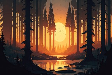 Canvas Print - beautiful sunset in a serene forest setting. Generative AI