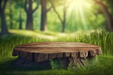 Beautiful Spring Background With Green Grass And Trees. An Empty Wooden Table In Nature Outdoors. Natural Pattern With Beauty Bokeh And Sunlight. Generative Ai
