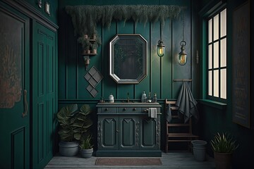 Wall Mural - modern green bathroom with a sink and mirror. Generative AI