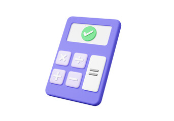 Poster - Calculator icon isolated with check mark financial, graph economics analytics. cost reduction saving education concept. 3d render illustration