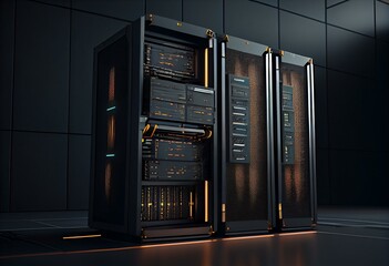 Three dimensional render of modern server room. Generative AI