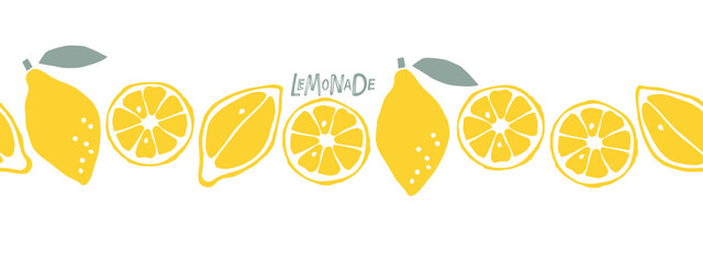 Wall Mural - Seamless lemon border. Citrus fruits pattern on white background. Flat vector repeated isolated illustration For cafe menu, pack design, print design, poster, web banner. Seamless horizontal pattern.