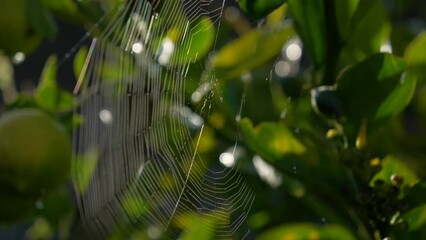 Spider web glistens during sunrise or sunset. Captured on a farm or garden.