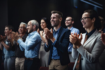 Cheerful business people clapping hands while standing in conference hall, selective focus,  Generative AI