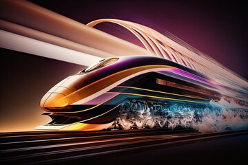 Poster - high-speed train zooming through a cityscape at night. Generative AI