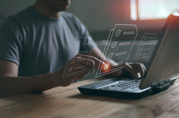 electronic documents. smart technology without paper. Student or teacher taking a teaching evaluation form, academic year, concept. Evaluation of employees to work in company.