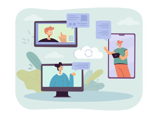 Aufkleber - Happy enterprise workers communicating via different devices. Tablet, smartphone and computer screens with colleagues on video call vector illustration. Communication, teamwork or cooperation concept