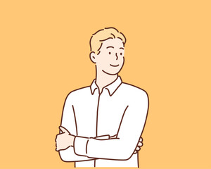 Wall Mural - Young handsome businessman standing with folded arms. Hand drawn style vector design illustrations.