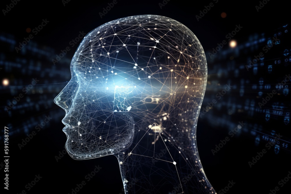 Connected digital brain technology concept of head with a ...