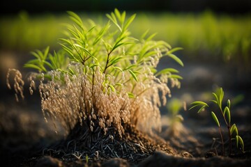 Sticker - close-up view of a green plant growing in soil. Generative AI