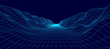 Fototapeta Do przedpokoju - Digital wireframe landscape on blue background. Wireframe terrain polygon landscape design. Digital cyberspace in mountains with valleys. Vector illustration.