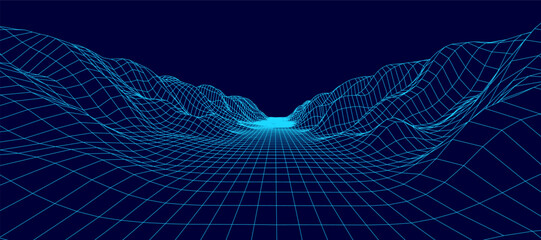 Digital wireframe landscape on blue background. Wireframe terrain polygon landscape design. Digital cyberspace in mountains with valleys. Vector illustration.