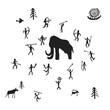 Cave painting prehistoric rock art hand drawn sketch style vector illustration set. Rock age cave paintings set with prehistoric wild animals, tribal people and village buildings.