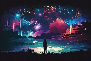 Canvas Print - person watching a colorful fireworks display in the night sky. Generative AI