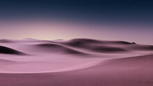Dusk Landscape, With Desert Sand Dunes. Scenic Contemporary Background With Pink Lavender Gradient Starry Sky