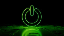Green Neon Light Power Icon. Vibrant Colored Activate Technology Symbol, On A Black Background With High Tech Floor. 3D Render