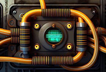 Aufkleber - Close-up of electric panel with electrical wires in neon light, ai generation