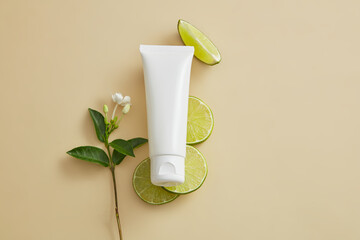 White tube placed on several Lime slices and decorated with a flower branch beside. Lime (Citrus aurantiifolia) helps lighten dark spots as a natural bleaching agent