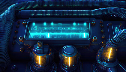 Aufkleber - Close-up of electric panel with electrical wires in neon light, ai generation