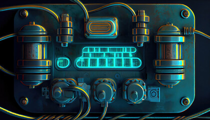 Aufkleber - Close-up of electric panel with electrical wires in neon light, ai generation