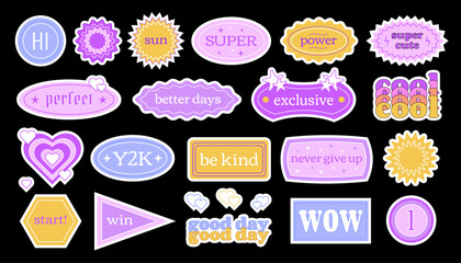 Poster - Y2K retro stickers with short phrases and motivations, sticker pack, vector collection of tags and stickers in retro style.