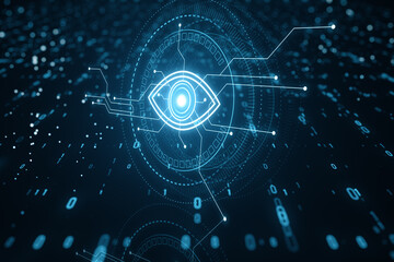 Poster - Cyber spy technology hologram, virtual eye of internet control surveillance and digital invigilation wallpaper with coding. 3D Rendering.