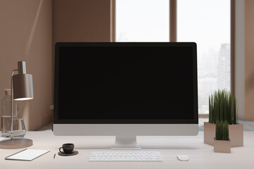 Aufkleber - Close up of designer office desktop with empty black computer monitor, window with city view, decorative items and supplies. Mock up, 3D Rendering.