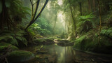 Fototapeta Natura - Mossy forest and stream in the rainforest , Generative AI