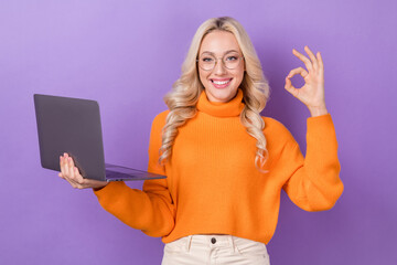 Sticker - Photo of attractive positive girl hold use netbook demonstrate okey symbol isolated on violet color background