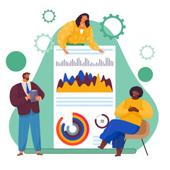 Poster - people study statistics on presentation board. analyze graphs and charts concept with clipboard, wor