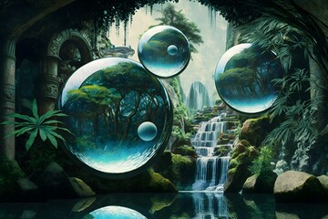 dimensional dystopia decopunk cascading watergalls reflective river tropical jungle floating multilevels in the style of Rob Alexander 