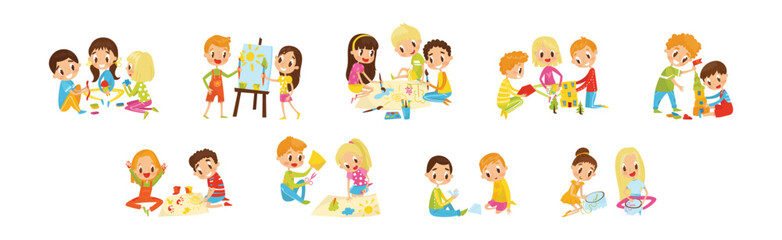 Wall Mural - Kids Engaged in Handicraft Doing Handmade Creative Things Vector Set