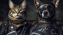 A Dog And A Cat Dressed In A Leather Jacket Sit Together As Biker Friends. A Dog Wearing Black Sunglasses. Generative AI