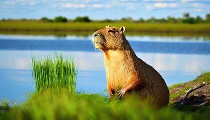 Wall Mural - Capybara in their natural environment, the northern pantanal, South America's largest rondent of untamed flora and fauna. Generative AI