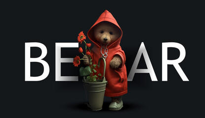 Sticker - Cute teddy bear in a red raincoat with a pot of flowers. Funny charming illustration of a teddy bear on a black background. Print for your clothes or postcards. Generative AI