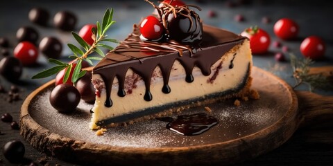 Wall Mural - Popular holiday dish based on the traditional cheesecake topped with chocolate ganache, cherries, and rosemary. Generative AI