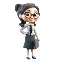 3d icon cute Young smiling business woman or office worker stands and holds work documents folder. people character illustration. Cartoon minimal style on Isolated Transparent png background. Generati