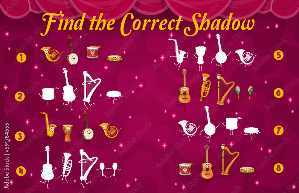 Instruments Characters Vektor Find the correct shadow of cartoon musical instrument characters ...
